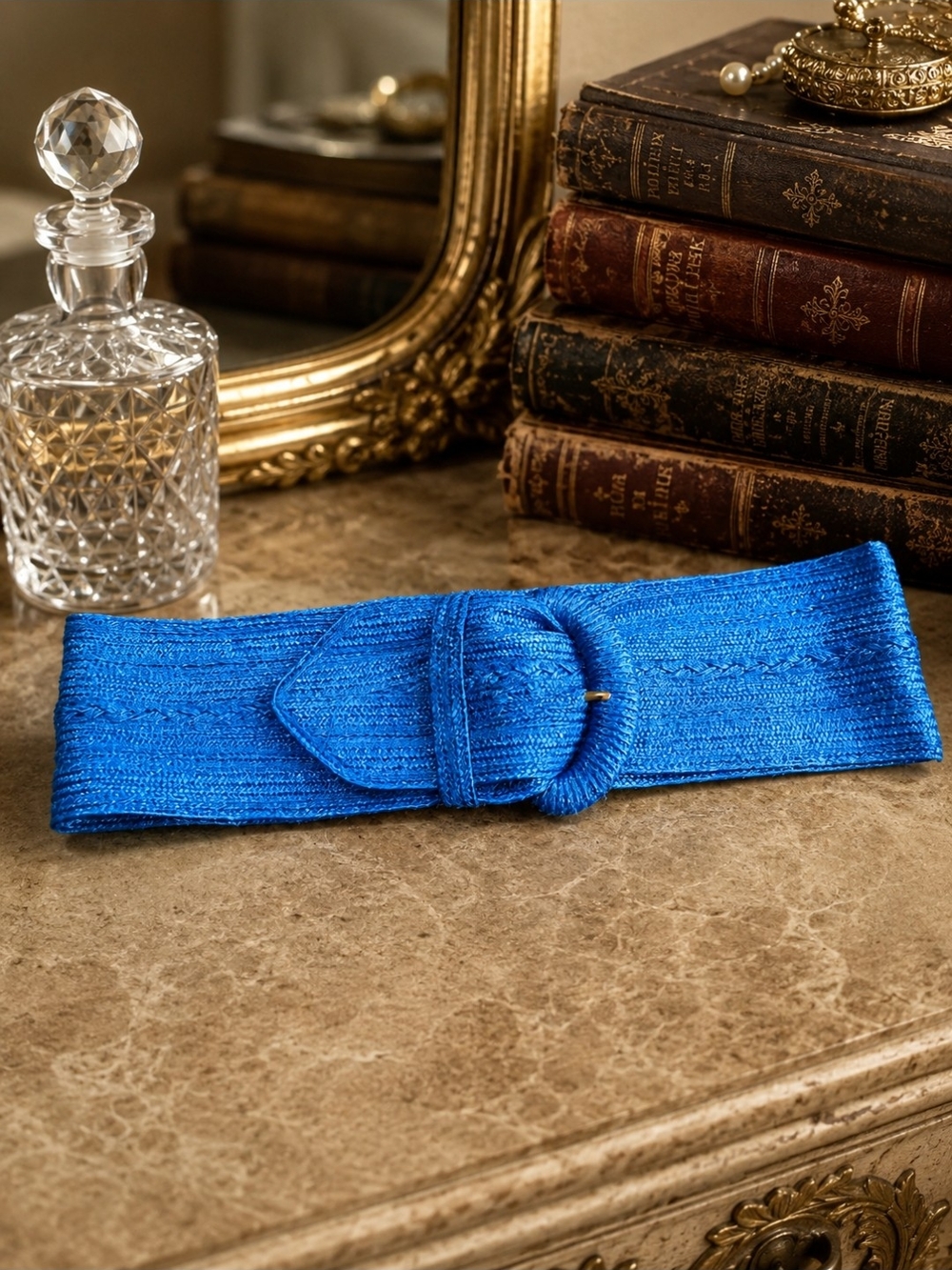 Vintage 80s Blue Wide Stretch Waist Belt Textured Fabric Cinch Belt Size M 31"
